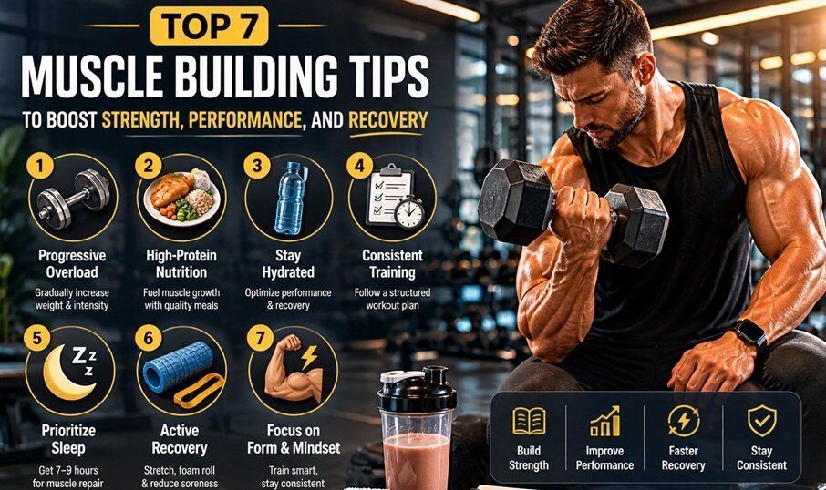 Athlete lifting weights and training in a modern gym, illustrating muscle building tips to boost strength, performance, and recovery