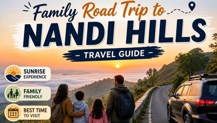 Family enjoying a sunrise road trip at Nandi Hills with scenic misty hills and car viewpoint, representing a travel guide, best time to visit, and family travel experience near Bangalore