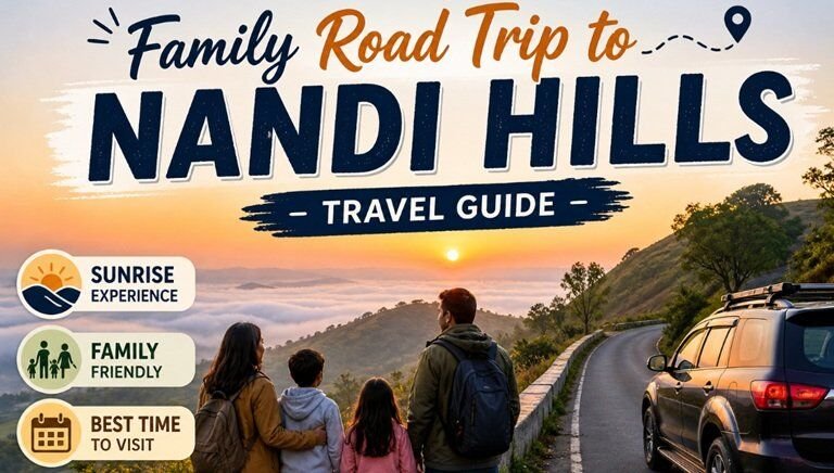 Family enjoying a sunrise road trip at Nandi Hills with scenic misty hills and car viewpoint, representing a travel guide, best time to visit, and family travel experience near Bangalore