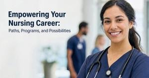 Confident nurse smiling in a modern hospital hallway with healthcare staff in the background, representing nursing career growth, education programs, and professional opportunities.