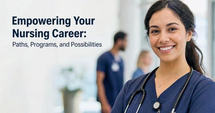 Confident nurse smiling in a modern hospital hallway with healthcare staff in the background, representing nursing career growth, education programs, and professional opportunities.
