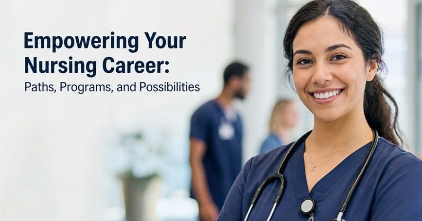 Confident nurse smiling in a modern hospital hallway with healthcare staff in the background, representing nursing career growth, education programs, and professional opportunities.