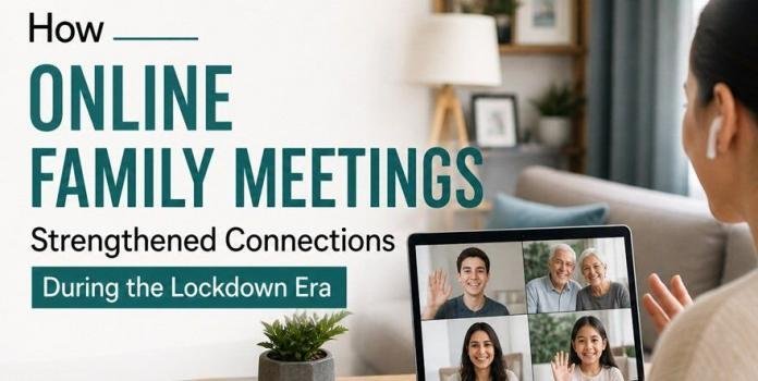 Woman at home using a laptop for a video call with family members, smiling faces on screen, warm cozy living room setting, illustrating online family meetings during lockdown.