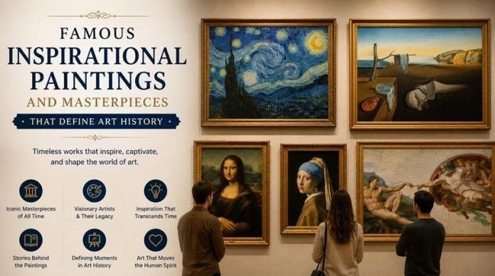 Art gallery showcasing famous inspirational paintings and masterpieces, representing key works that define art history and creative expression
