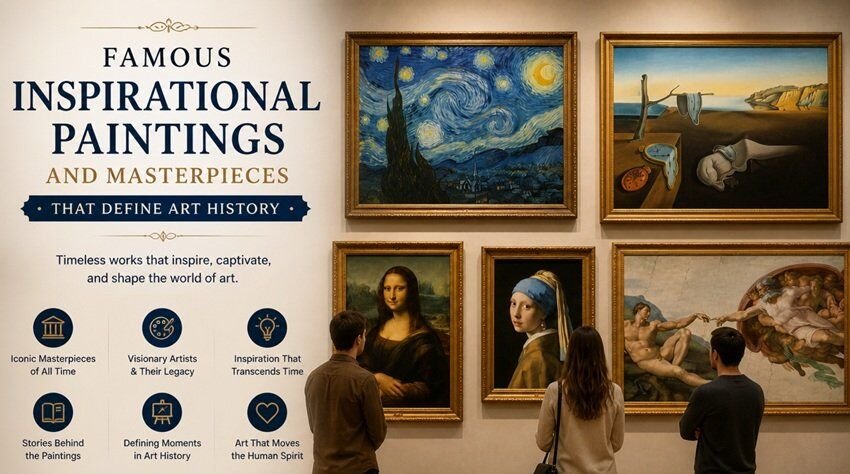Art gallery showcasing famous inspirational paintings and masterpieces, representing key works that define art history and creative expression
