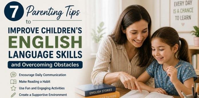 Parent helping child learn English through reading and practice, illustrating parenting tips to improve children's language skills and overcome learning obstacles