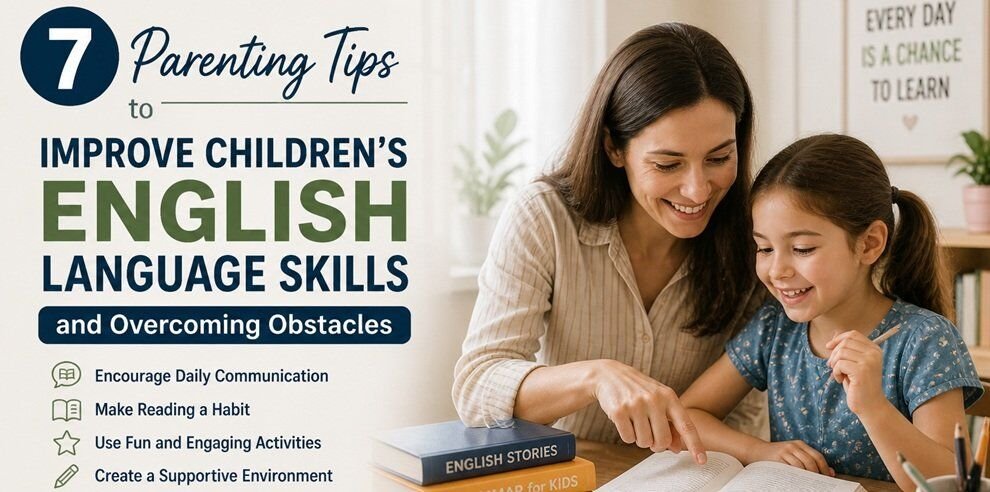 Parent helping child learn English through reading and practice, illustrating parenting tips to improve children's language skills and overcome learning obstacles