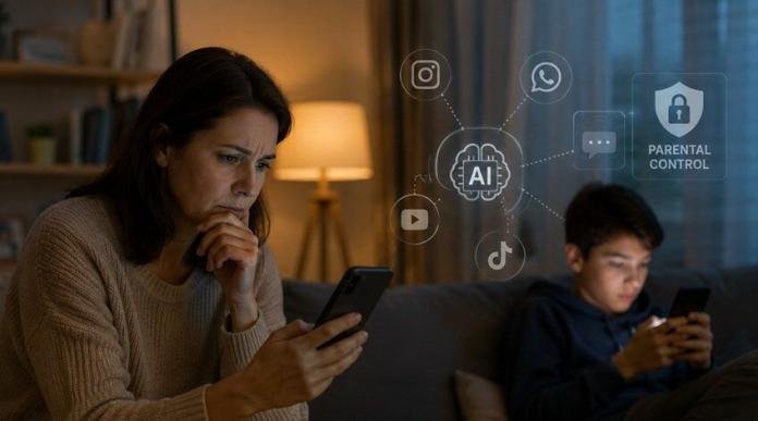 Parent and child using smartphones with AI-themed digital overlays highlighting modern digital parenting challenges.