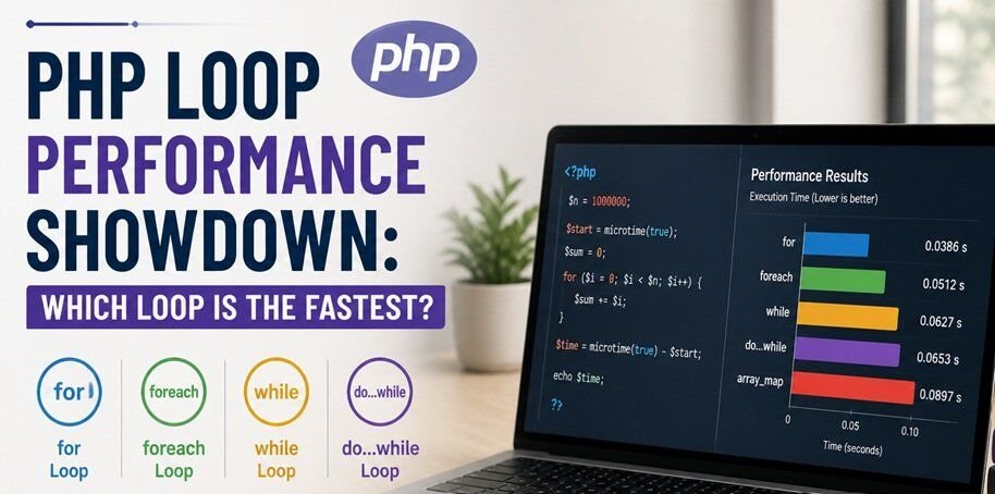 PHP loop performance benchmark on a developer screen, comparing loop speed and optimization for faster PHP programming performance