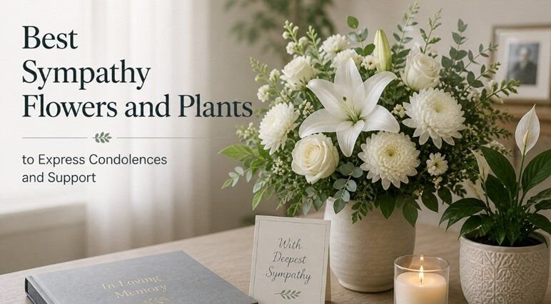 Elegant arrangement of white sympathy flowers with a candle and condolence card in a soft, peaceful indoor setting.