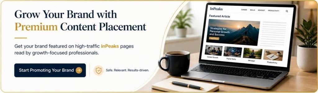 Premium content placement banner showing laptop workspace promoting brand visibility on high traffic InPeaks pages with call to action