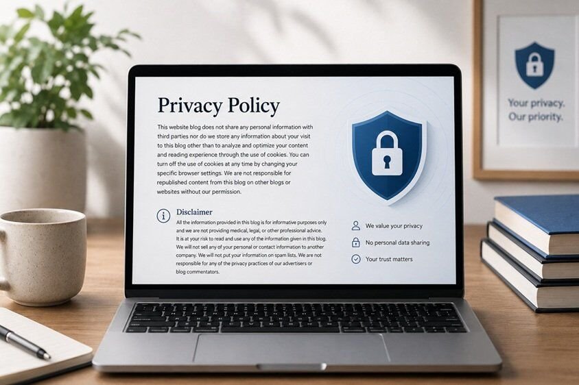 Realistic and calming Privacy Policy featured image showing a modern laptop displaying privacy and disclaimer information in a clean workspace. The scene includes soft natural lighting, books, a coffee mug, and subtle security visuals to represent trust, data protection, safe browsing, and user privacy in a professional blog environment.