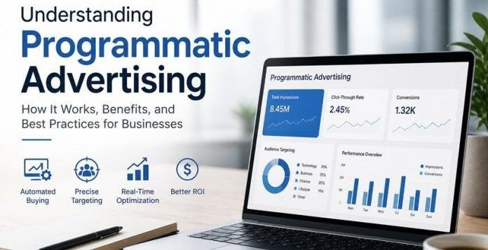 Modern workspace featuring a laptop displaying programmatic advertising analytics with charts and performance metrics, placed on a clean desk with a notebook, pen, and coffee, conveying a professional and data-driven marketing environment.