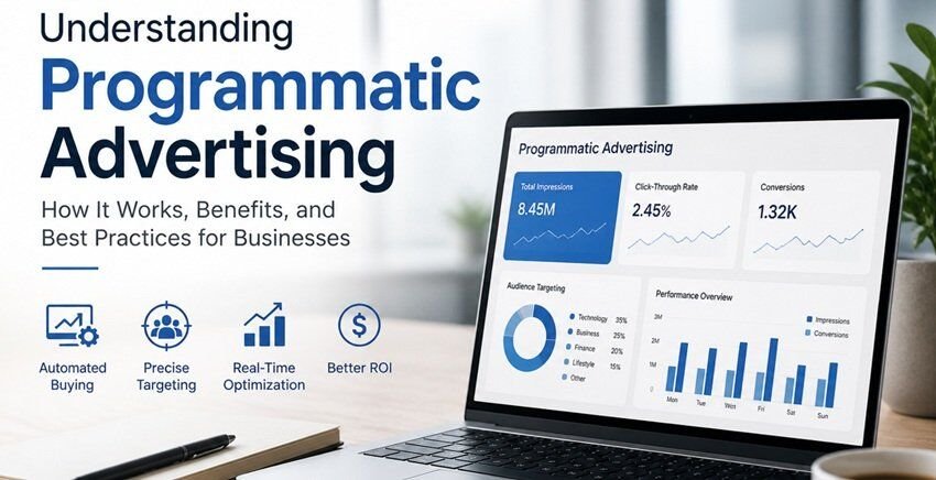 Modern workspace featuring a laptop displaying programmatic advertising analytics with charts and performance metrics, placed on a clean desk with a notebook, pen, and coffee, conveying a professional and data-driven marketing environment.