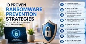 Modern cybersecurity infographic showing ransomware prevention strategies with a laptop, security shield, and clean blue business-themed design.