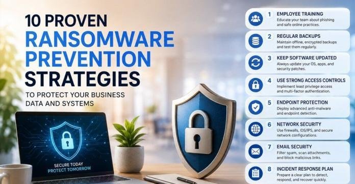 Modern cybersecurity infographic showing ransomware prevention strategies with a laptop, security shield, and clean blue business-themed design.