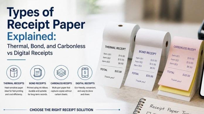 Different types of receipt paper including thermal, bond, and carbonless alongside digital receipts, illustrating comparison and usage in modern transactions