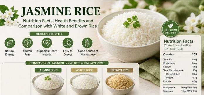 Jasmine rice in a bowl with comparison to white and brown rice, illustrating nutrition facts, health benefits, and healthy eating choices