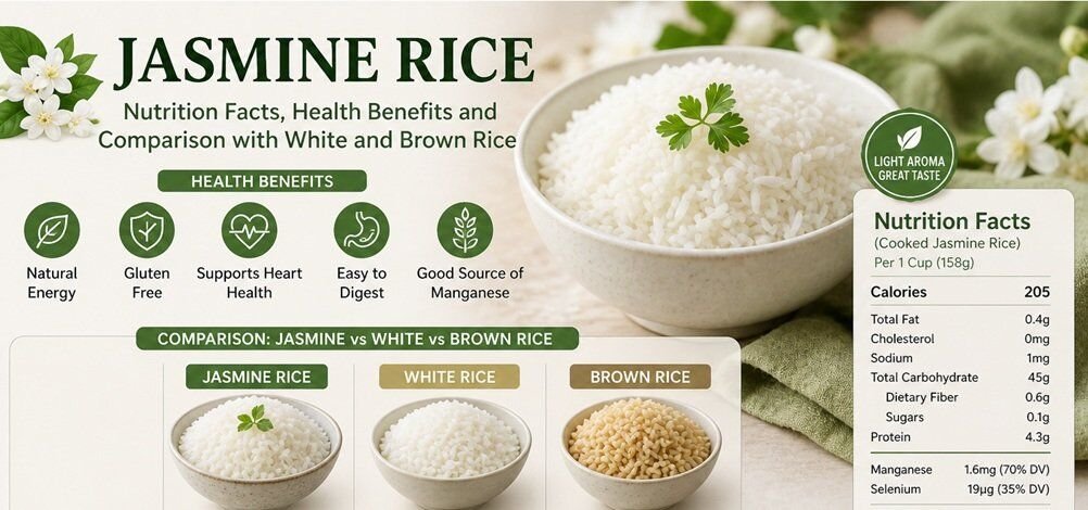 rice Jasmine rice in a bowl with comparison to white and brown rice, illustrating nutrition facts, health benefits, and healthy eating choices