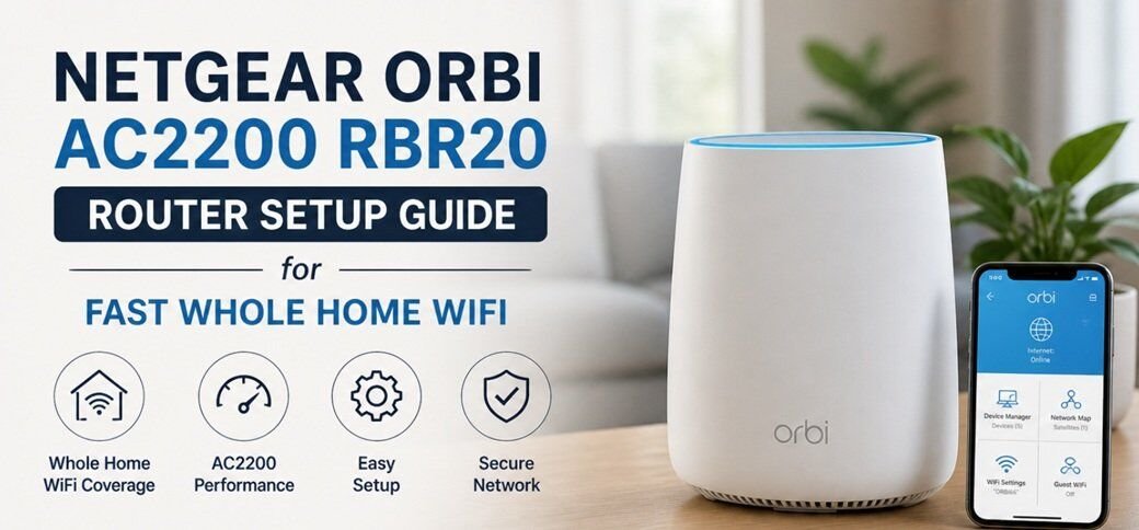 Netgear Orbi AC2200 RBR20 router setup in a modern home, illustrating whole home WiFi coverage, installation steps, and troubleshooting tips