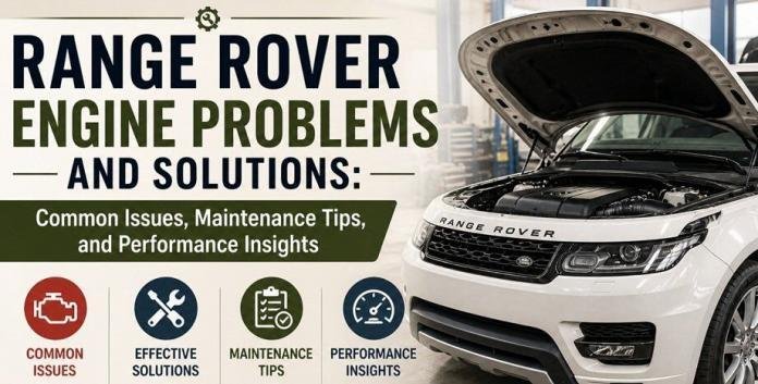 Range Rover engine inspection and maintenance in a professional garage, highlighting common engine problems, diagnostics, and performance tips for luxury SUV reliability