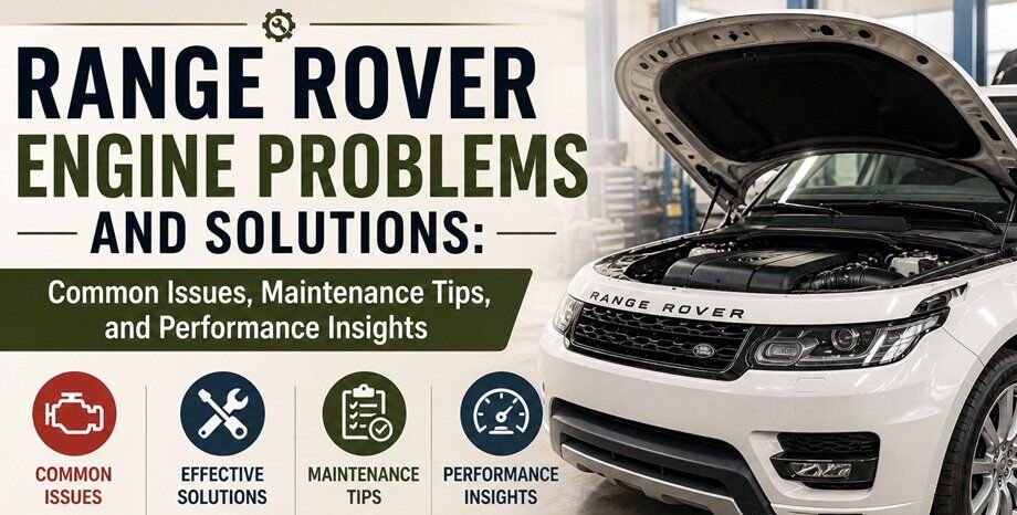 Range Rover engine inspection and maintenance in a professional garage, highlighting common engine problems, diagnostics, and performance tips for luxury SUV reliability