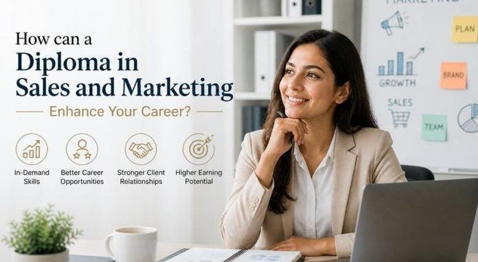 Professional workspace with a laptop, notebook, and coffee, featuring subtle marketing charts and growth visuals in a clean, modern setting representing career advancement.