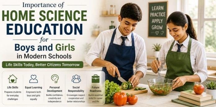 Boys and girls learning home science skills like cooking and nutrition in a modern classroom, highlighting the importance of inclusive life skills education in schools