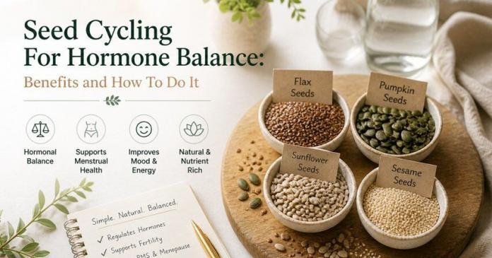 Natural wellness setup with bowls of seeds, glass water bottle, and soft greenery on a wooden surface in a calm, minimalist setting.