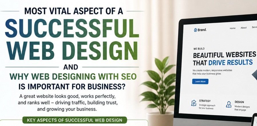 Modern web design workspace with SEO analytics and responsive UI, illustrating the importance of web design and SEO for business growth and online visibility
