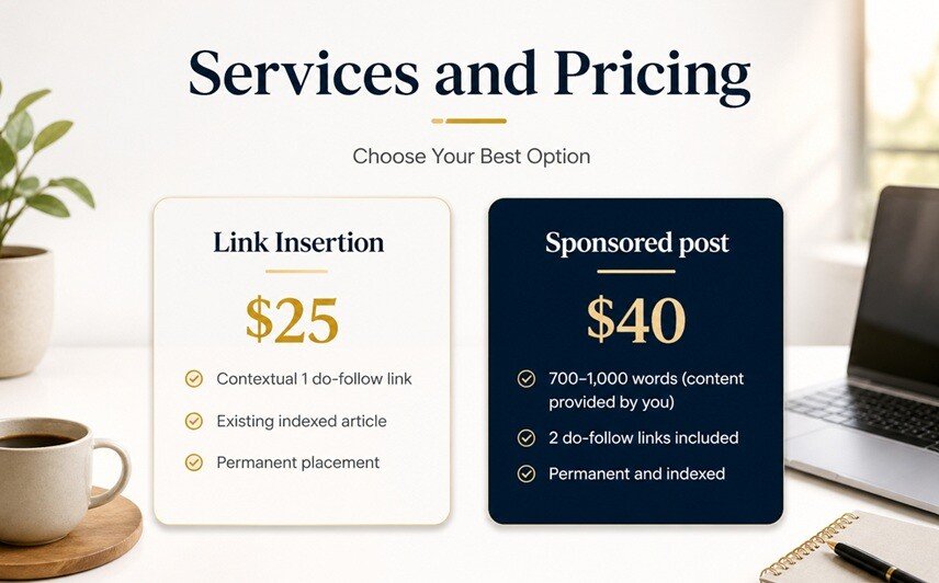 Services and pricing banner showing link insertion for $25 and sponsored post for $40 with features on a clean professional layout