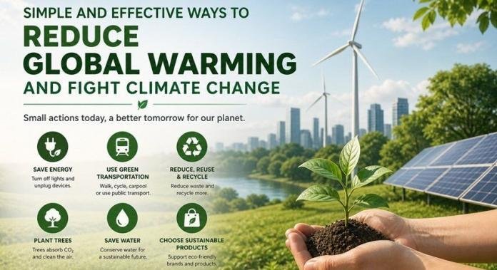 Eco-friendly actions like tree planting and renewable energy use, illustrating simple ways to reduce global warming and fight climate change