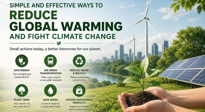 Eco-friendly actions like tree planting and renewable energy use, illustrating simple ways to reduce global warming and fight climate change