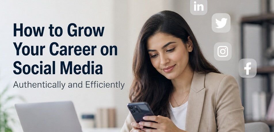Professional woman using social media on her smartphone while working at a modern desk with laptop, representing authentic career growth, personal branding, and digital networking success.