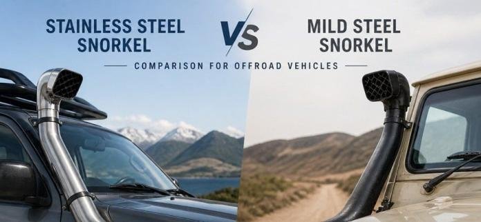 Two off-road vehicles side by side, one with a polished stainless steel snorkel and the other with a matte black mild steel snorkel, set in rugged outdoor terrain to highlight durability and material differences.