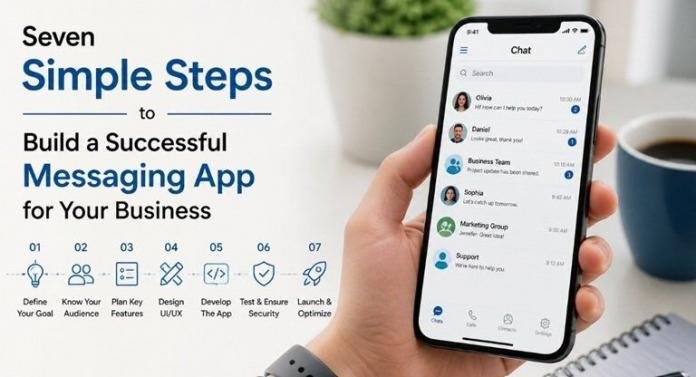 Hand holding a smartphone displaying a messaging app interface with chat conversations, set in a clean workspace with a notebook and coffee, representing modern business communication and app development.