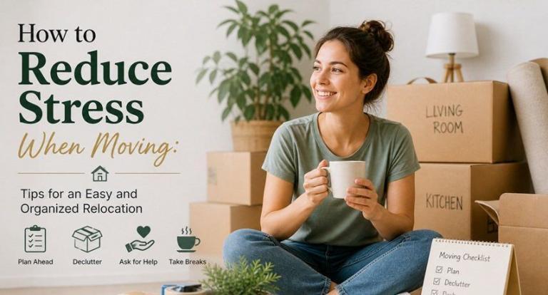 Calm moving scene with organized boxes, a checklist, and a relaxed person holding a coffee in a bright, tidy home setting.