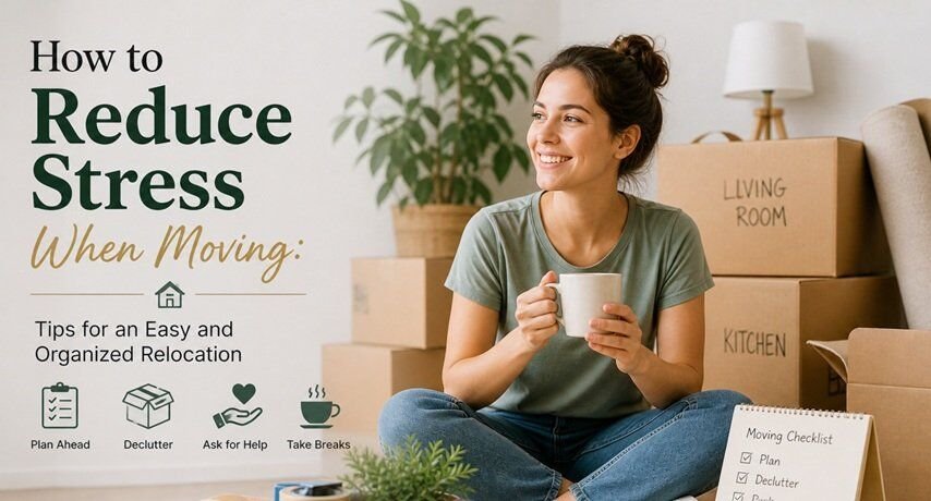 Calm moving scene with organized boxes, a checklist, and a relaxed person holding a coffee in a bright, tidy home setting.