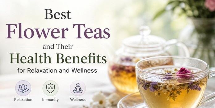 Elegant featured image of a glass cup filled with golden floral tea infused with chamomile, rose, and lavender, placed on a soft linen surface with scattered dried flowers, a teapot in the background, and a calm, spa-like atmosphere conveying relaxation and wellness.