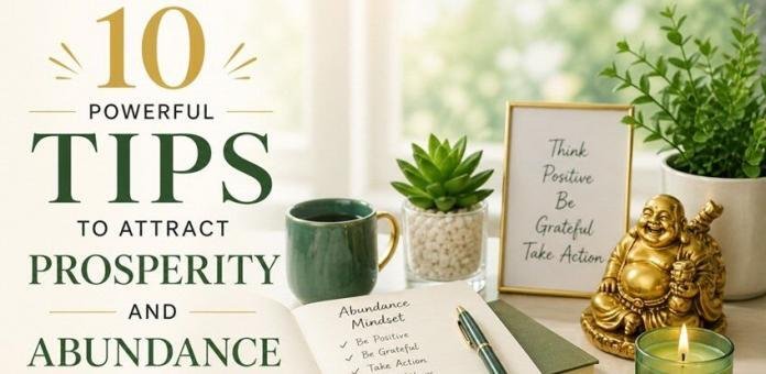 Calm workspace scene with a journal, pen, tea cup, coins, and small plant arranged in soft natural light, symbolizing prosperity, growth, and a positive abundance mindset.