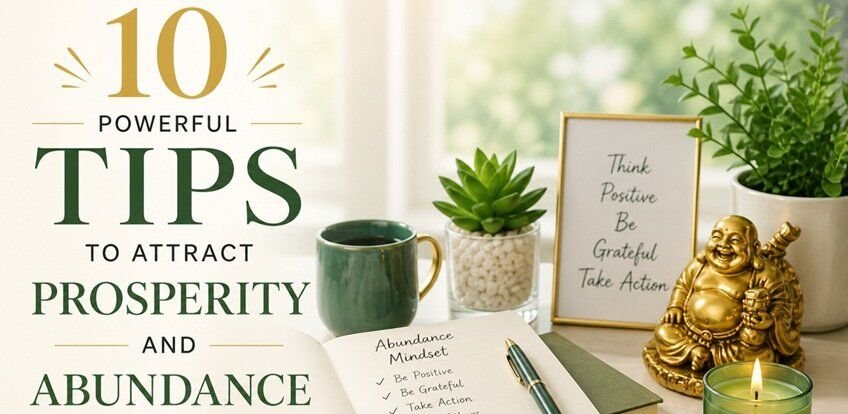 Calm workspace scene with a journal, pen, tea cup, coins, and small plant arranged in soft natural light, symbolizing prosperity, growth, and a positive abundance mindset.