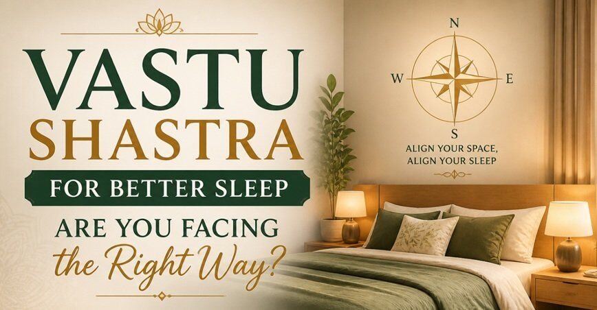 Peaceful bedroom setup with bed aligned to compass direction for better sleep, illustrating Vastu Shastra principles for improved sleep quality and harmony