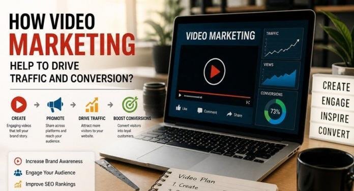 Video marketing strategy with analytics and content creation setup, illustrating how video content drives website traffic, engagement, and conversions for business growth