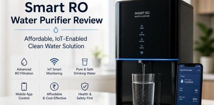 Smart RO water purifier in a modern kitchen with IoT app control, illustrating affordable clean water solution and water quality monitoring