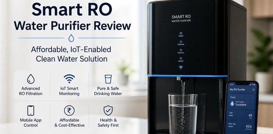Smart RO water purifier in a modern kitchen with IoT app control, illustrating affordable clean water solution and water quality monitoring