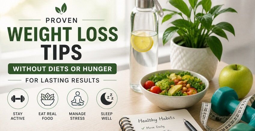 Healthy lifestyle setup with a fresh salad, lemon water, green apple, dumbbells, and a notebook of healthy habits on a clean table, representing balanced weight loss without dieting or hunger.