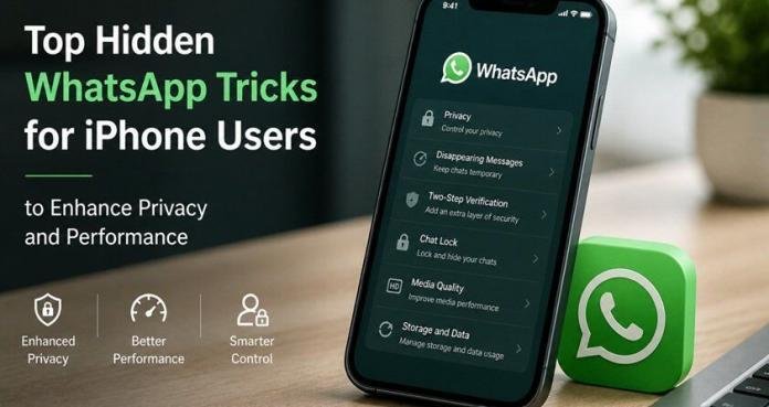 Smartphone displaying messaging app privacy settings on a clean desk, highlighting security, performance, and user control features.