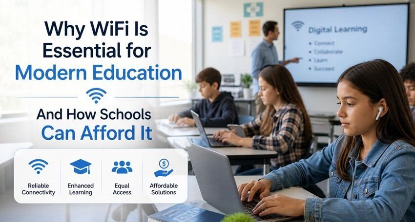 Students using WiFi and digital devices in a modern classroom, illustrating the importance of internet connectivity in education and how schools enable affordable access