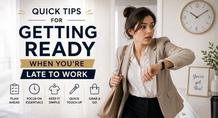 Professional woman checking her watch while getting ready in a bright, modern bedroom, holding a bag and dressed for work, conveying urgency and quick morning preparation.