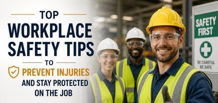 Workers wearing protective gear like helmets and safety vests, illustrating workplace safety tips to prevent injuries and ensure protection on the job
